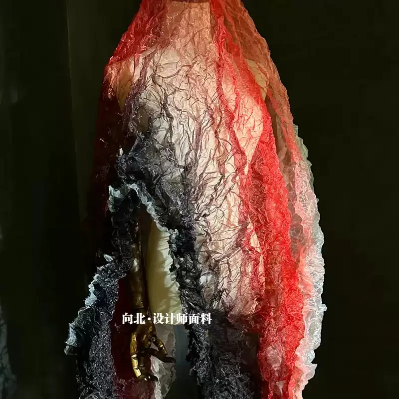 Shiny Red‑Black Gradient 3D Crinkled Pleated Organza Fabric Transparent Water‑Light Designer Material for Evening Dress Cosplay