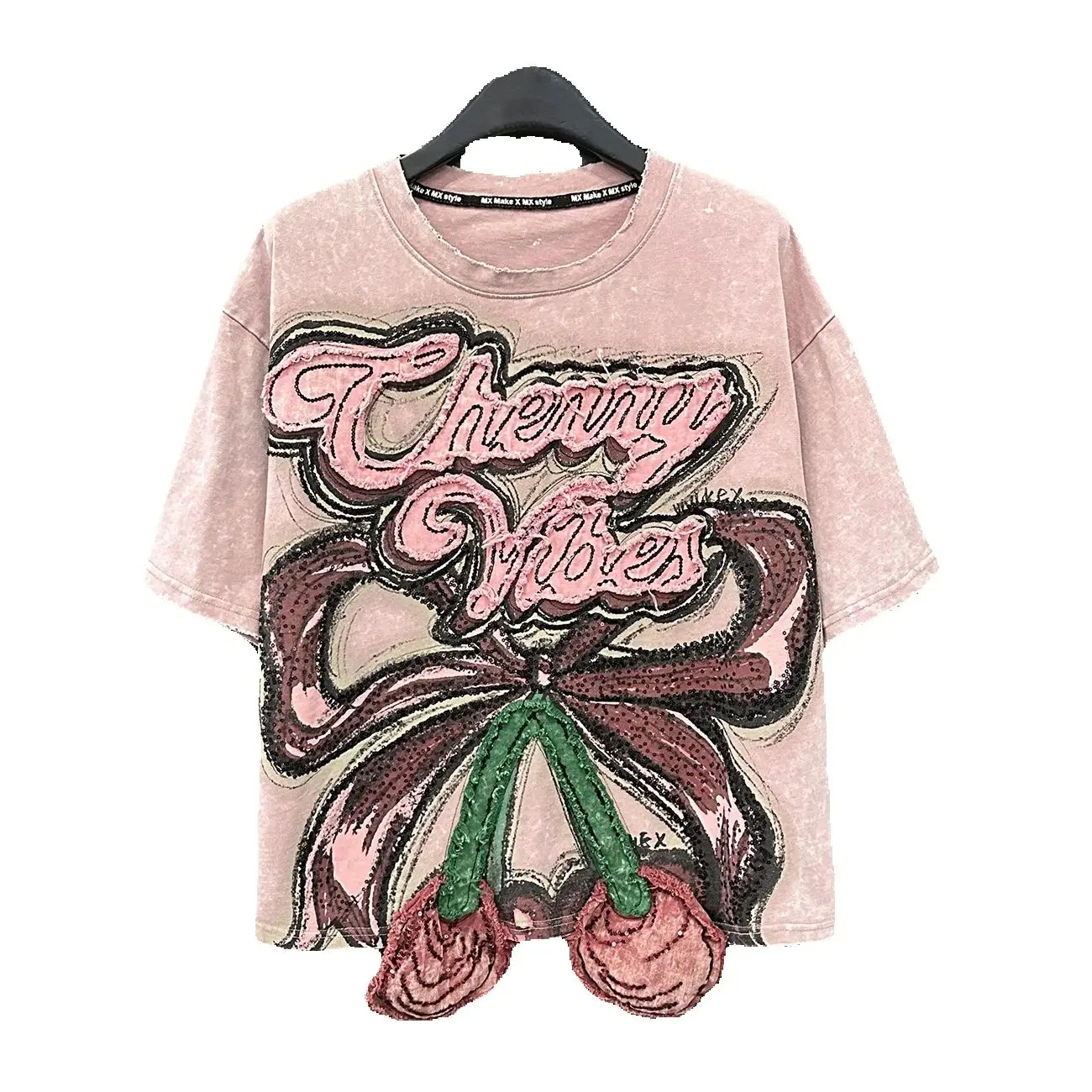 

Sweet Cherry Embroidery Loose Short Sleeve T-shirt Women Age Reduction Pink Cotton Basic Tees All-match O-neck Pullover Tops