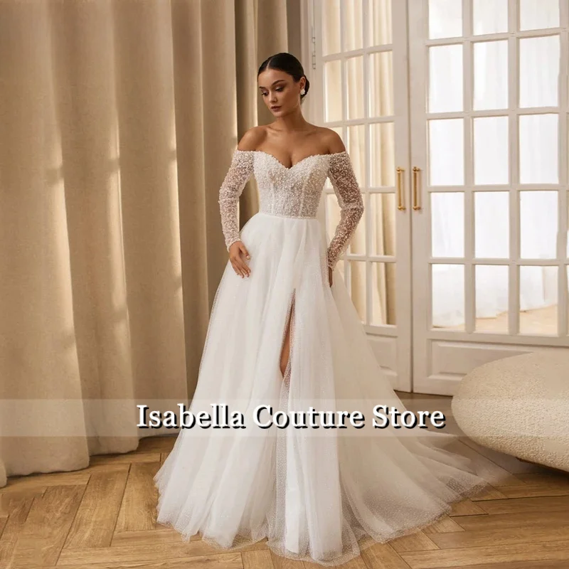 Modern Off The Shoulder Beading A-Line Wedding Dress 2026 V-Neck Pleat Side Slit Lace Open Back Vestidos De Novia Customized