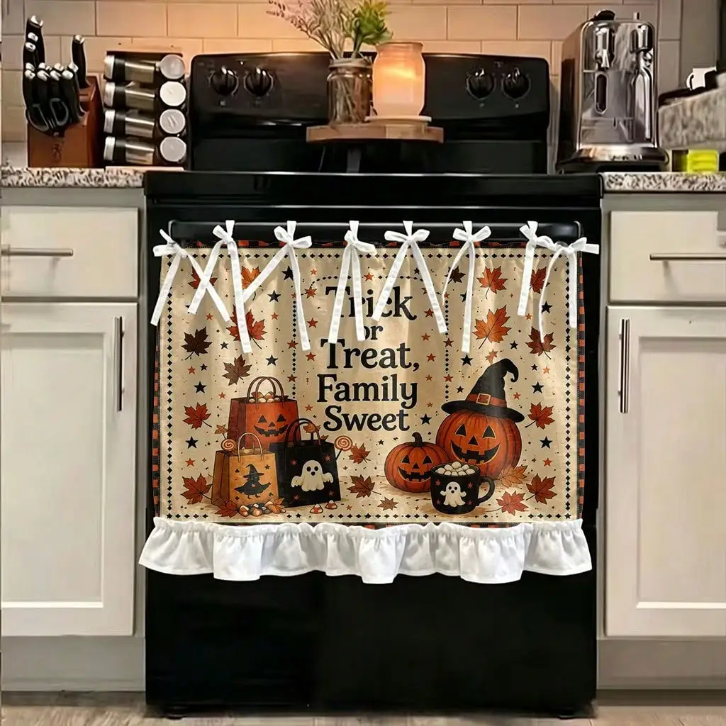 2D Flat - 1pc Halloween Kitchen Stove Oven Valance, 2D Printed Trick Or Treat Family Sweet Also Be Spooky Kitchen Decoration Curtain for Dishwasher Microwaves Cabinet Kitchen Sink, Makes a Great Addition to Your Halloween Themed Home
