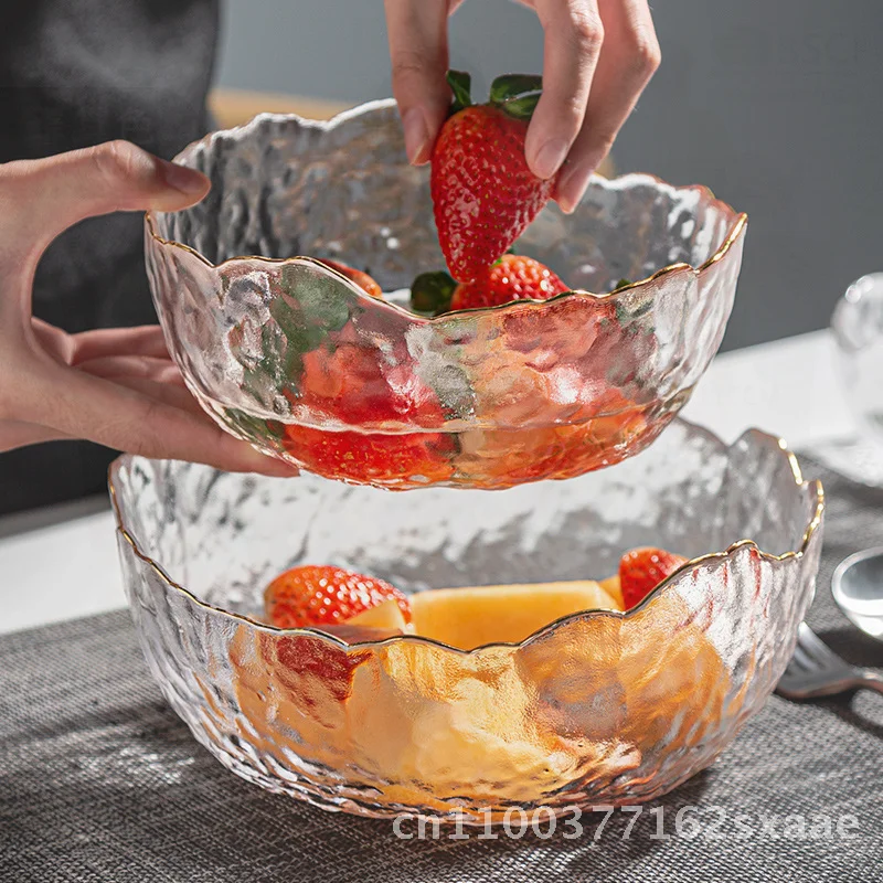 

Net Red Salad Bowl Wholesale Glass Dessert Plate Modern Minimalist Style Hammered Surface Adult Home Tableware Fruit Bowl