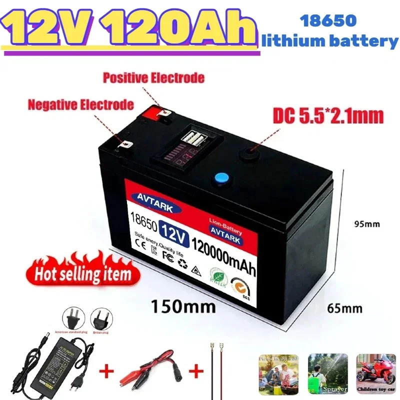 

Original 12V 120Ah USB Port 18650 rechargeable battery pack for Spray, trolley, children's electric car battery+12.6v3A charger