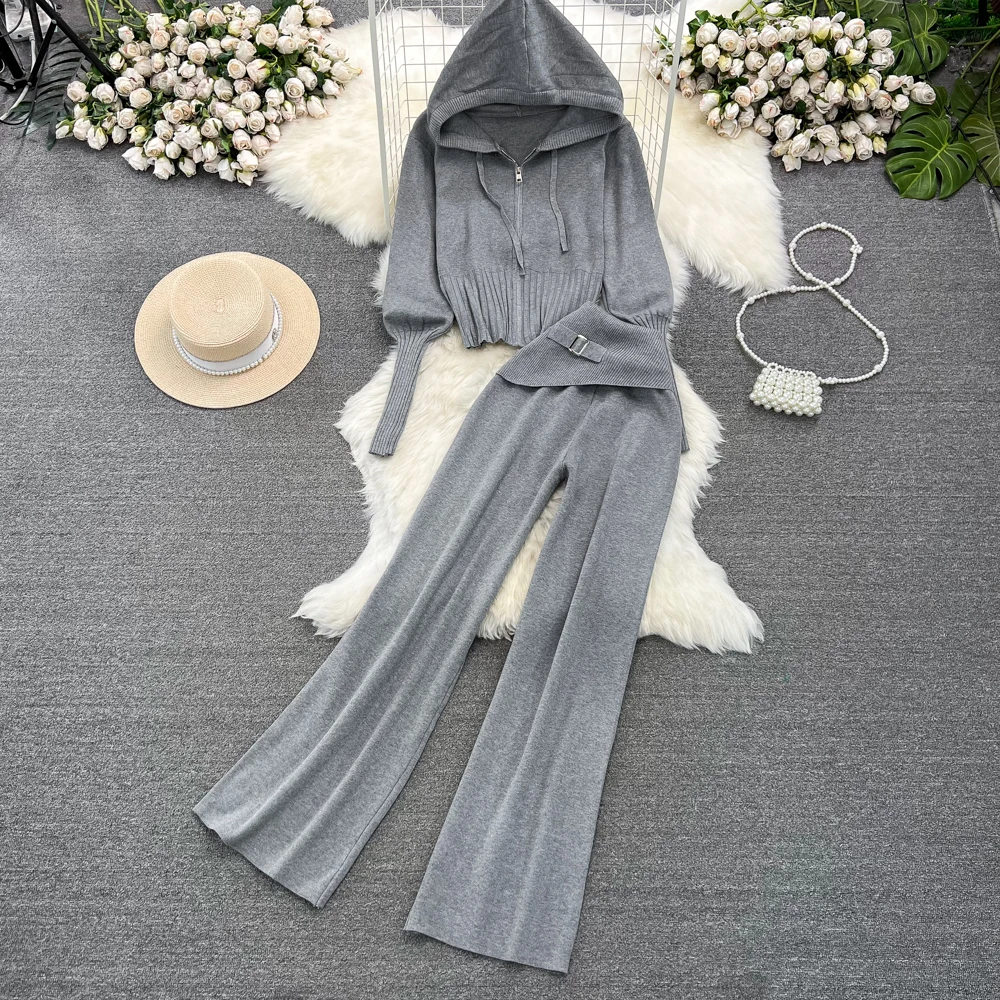 Fashion Set Women's Long Sleeved Zipper Slim Knit Hooded Sweatshirt+high Waist Slimming Wide Leg Pants Two-piece Set