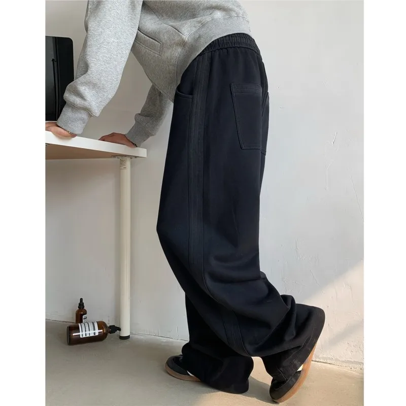 Winter New Men\'s Tie-dye Fleece Casual Pants Side Striped Wide Leg Straight Sweatpants Neutral High-quality Long Baggy Trousers