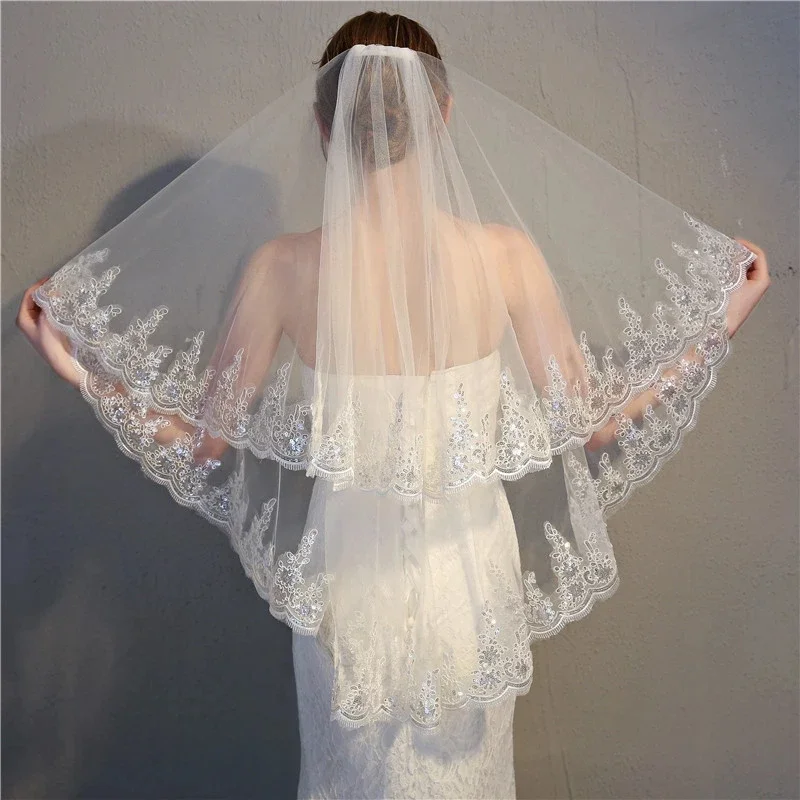 

New Bridal Veil Two Layers Sequined Lace With Comb Wedding