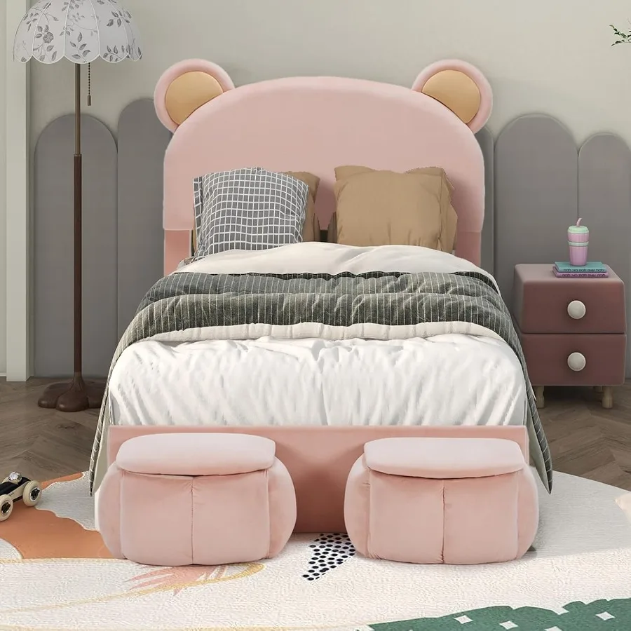 โครงเตียงแบบมีฐานรองหุ้มกำมะหยี่ขนาดทวินไซส์ พร้อมหัวเตียงรูปหูกระต่าย รวมเก้าอี้เก็บของ 2 ตัว และไฟ LED ในตัว
