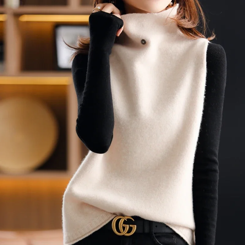 Autumn And Winter New Wool Knitted Vest Women's Turtleneck Loose Casual All-Match Pure Wool Sleeveless Vest Pullover Sweater