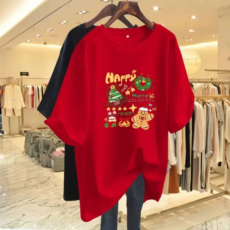 

Новая красная рождественская мужская и женская пара, семейная хлопковая футболка, интересный свободный повседневный топ