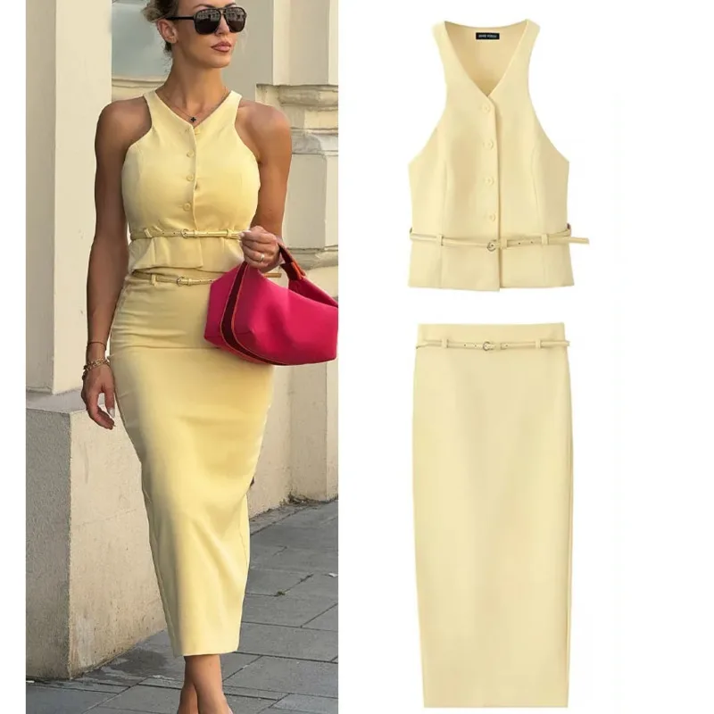 Yellow V-Neck Sleeveless Belt Single Breasted Tops High Waist Pocket Split Long Skirts Set Women 2024 Summer Casual Fashion Suit