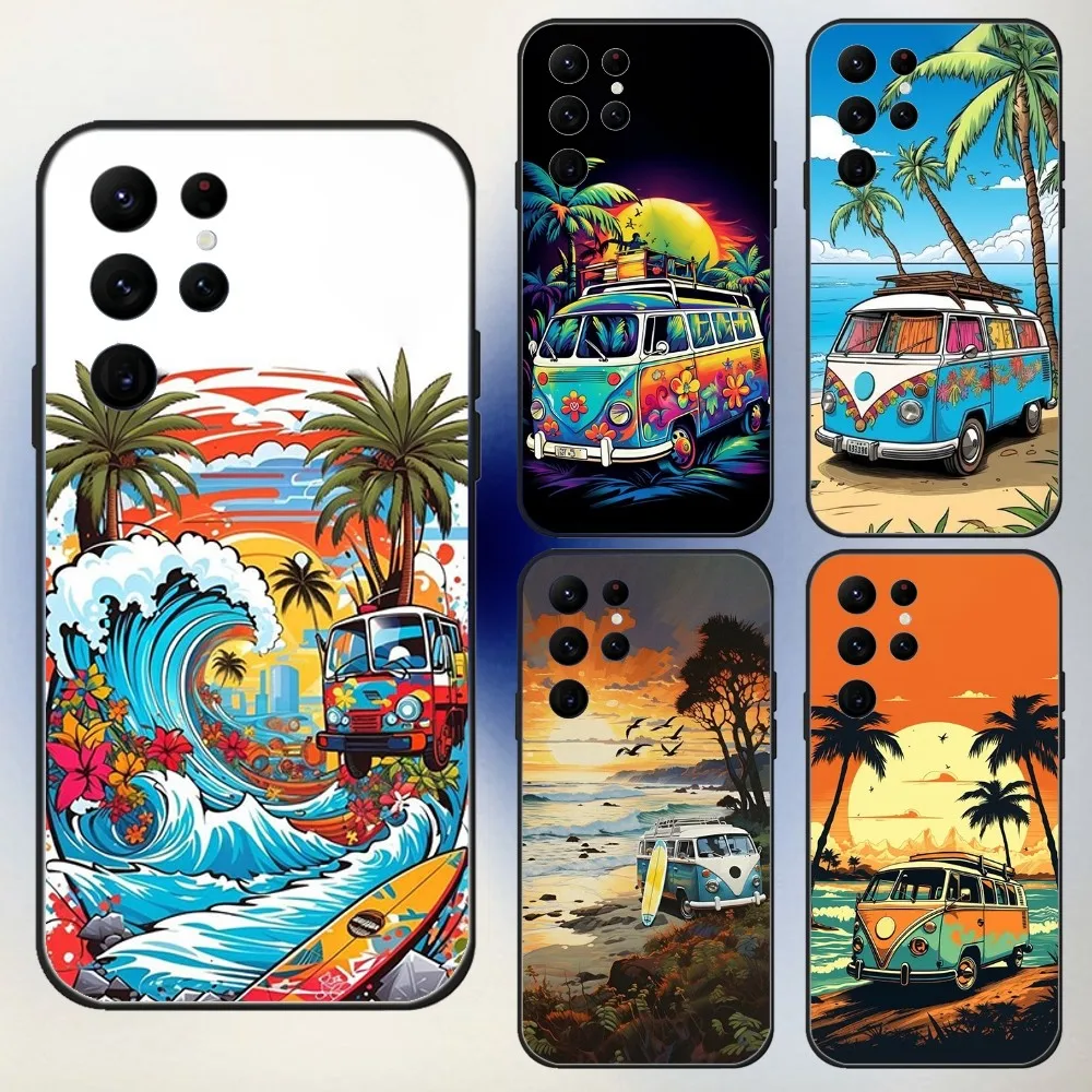 Combi Van Surf Phone Case For Samsung S24,23,22,30,21,10,9,Ultra,Plus,Lite,FE,5G Black Soft Case