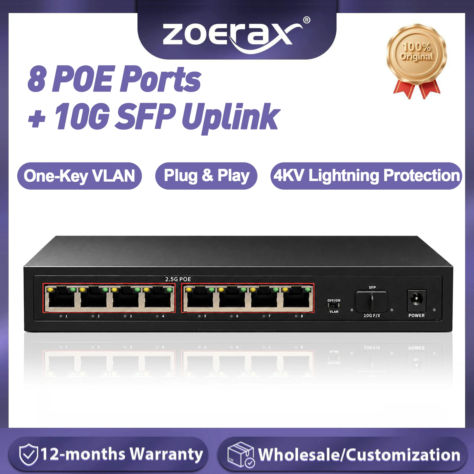 ZoeRax 8 Ports 2.5G POE Unmanaged Switch with 10G SFP Uplink One-Key VLAN & 4KV Lightning Protection