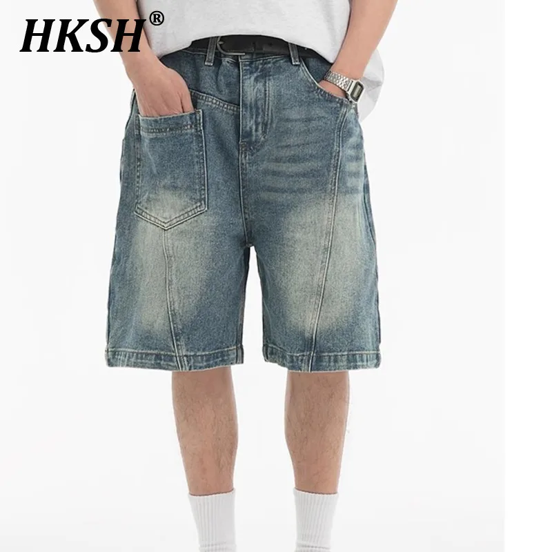 

HKSH Summer New Man Tide Punk American High Street Irregular Pocket Ins Patchwork Denim Shorts Women Washed Casual Capris HK4667