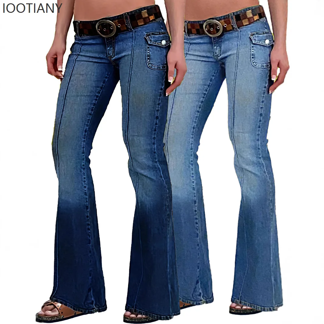 

Flare Jeans Women Stretch High Waist Boot Cut Pants Washed Denims Vintage Female Distressed Floor Length Trousers Streetwear