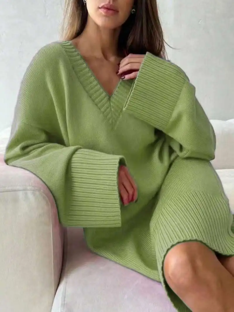 Plus Size Women Solid Color Sweater Dress V Neck Drop Shoulder Ribbed Knit Dress Loose Fit Autumn Winter Casual Lazy Style