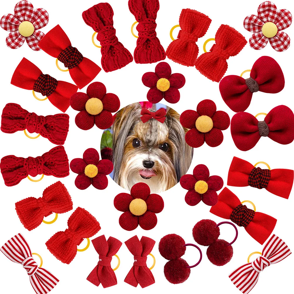 10PCS Dog Bows Cotton Red Series Pet Dogs Hair Bows for Rubber Bands Fashion Puppy Bow Grooming Accessories for Cat Dog Supplies