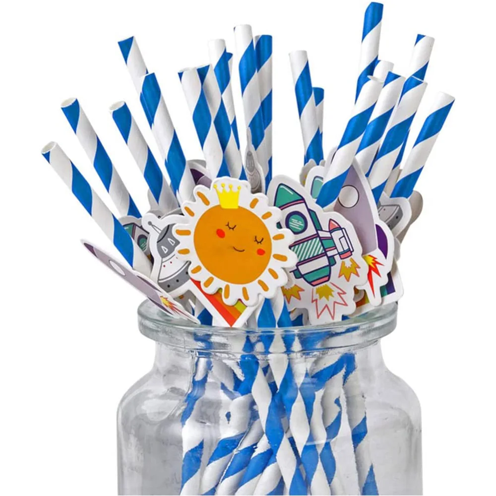 20/40pcs Outer Space Party Disposable Straw Paper Drinking Straw Astronaut Rocket Birthday Party Decoration