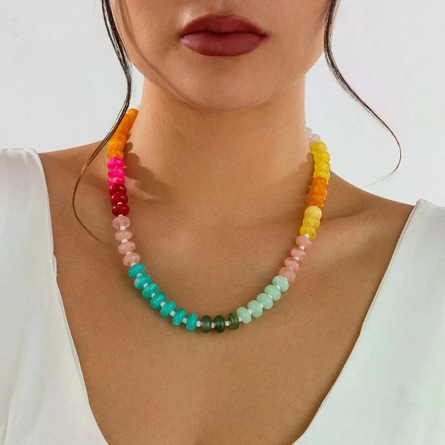 1pc Boho Chic Style Elegant & Sweet Colorful Acrylic Beaded Necklace, Women Holiday Birthday Date Night Party Travel Shopping Casual Daily Accessory
