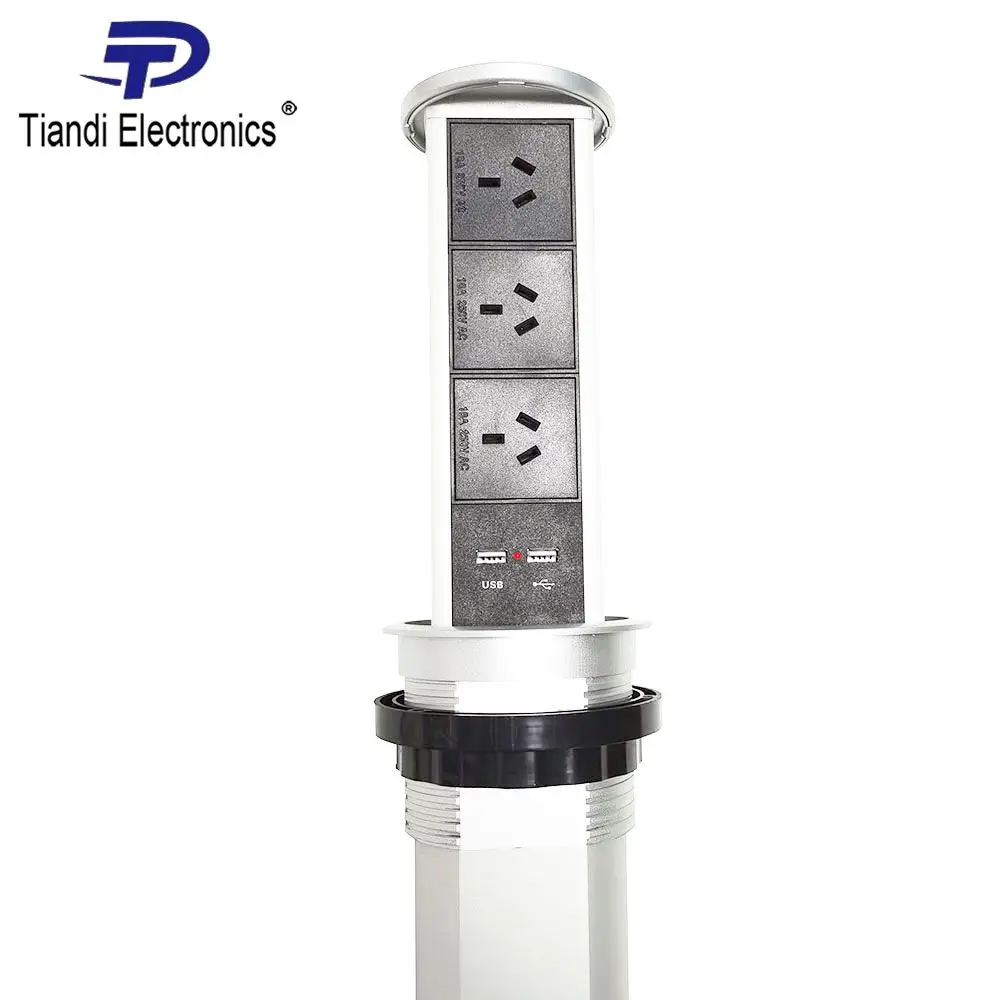 Silver Gas Spring Lift Power Outlet USB Charger Pneumatic Pop Up Tabletop Socket 3-bit Customizable Jack With Cable Wire 1.5m