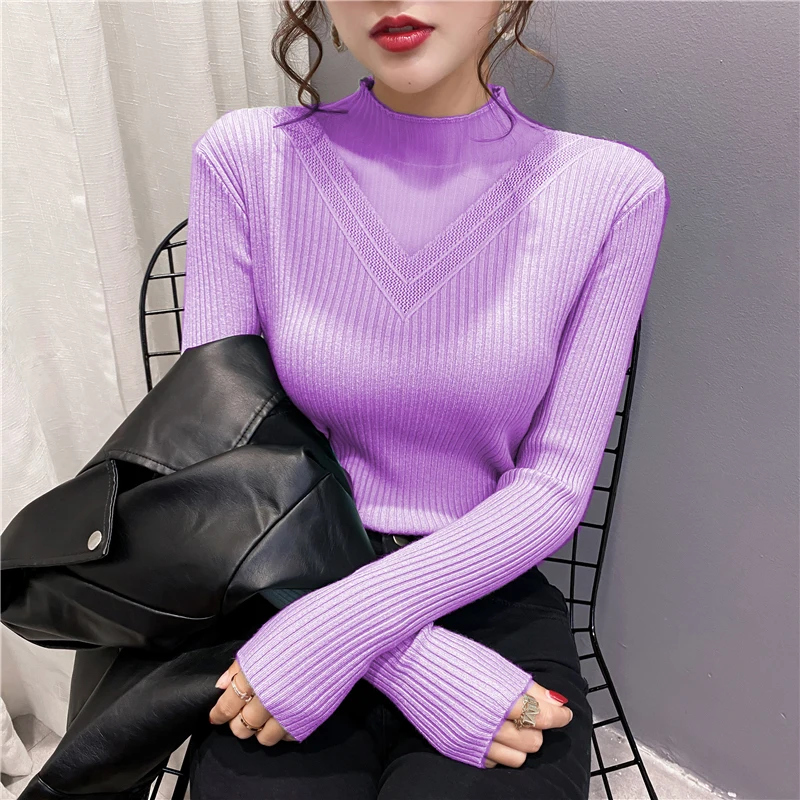 

Ladies Fashion Mesh Stitching Pullover Sweater Women Clothing Girls Autumn Casual Knitwear Female Woman OL Sweaters Vy613