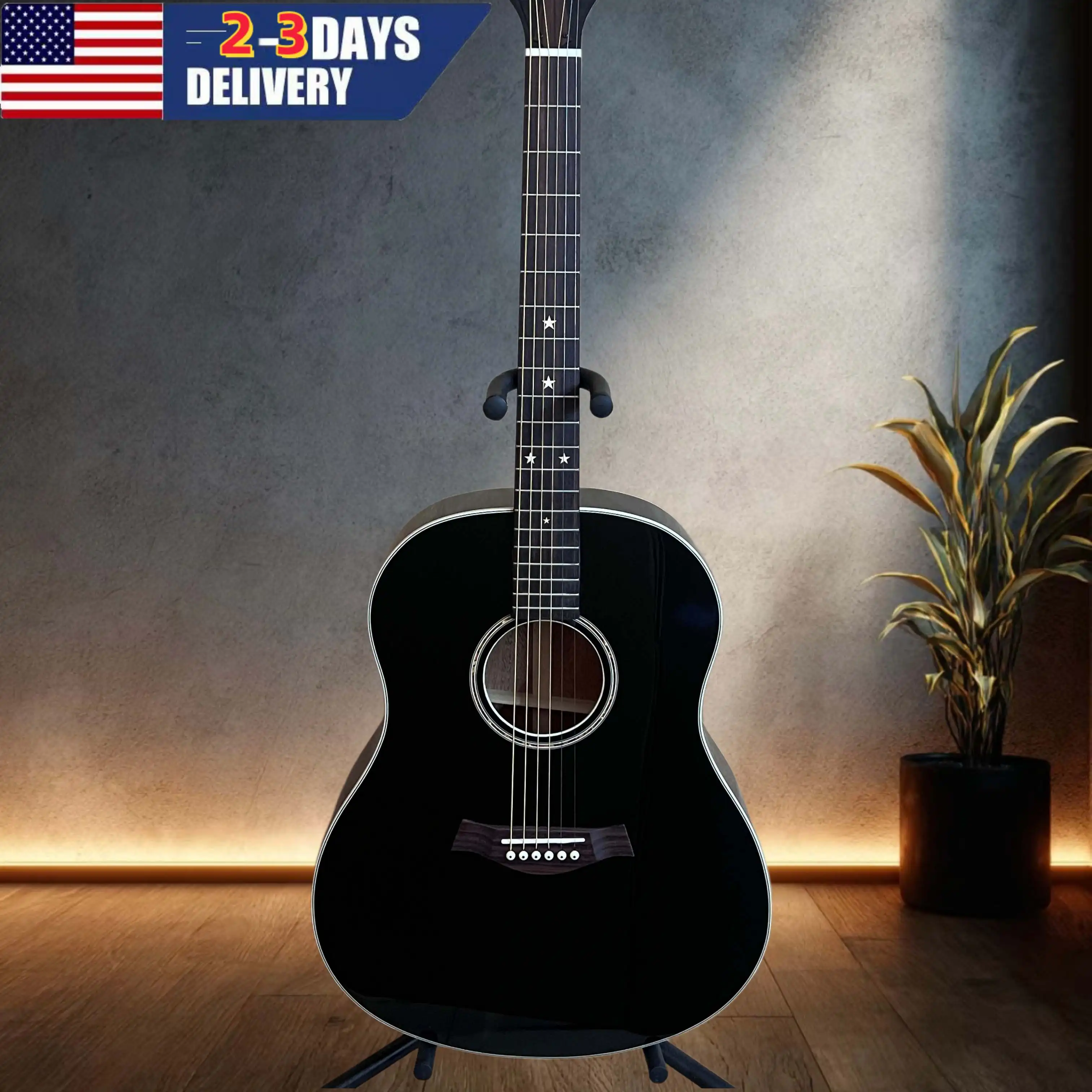 New Black Acoustic Guitar with 6-series Nut and Star Rose Wood Fingerboard Quality Assurance