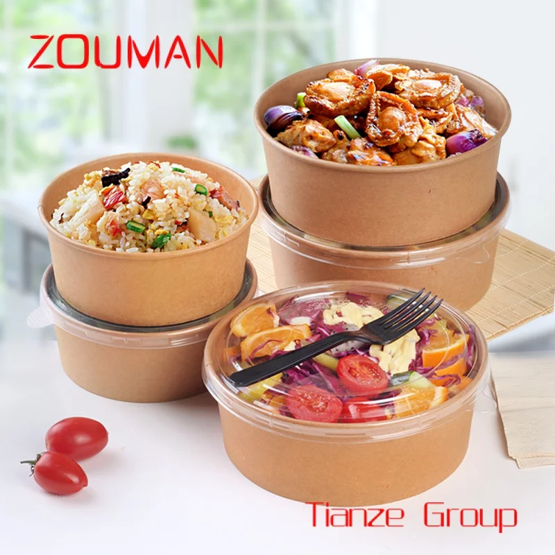 

Custom , Take Away Paper Container Salad Bowls 500ml 750ml 1000ml 1100ml 1300ml Disposable Kraft Paper Round Bowl For Food Packa