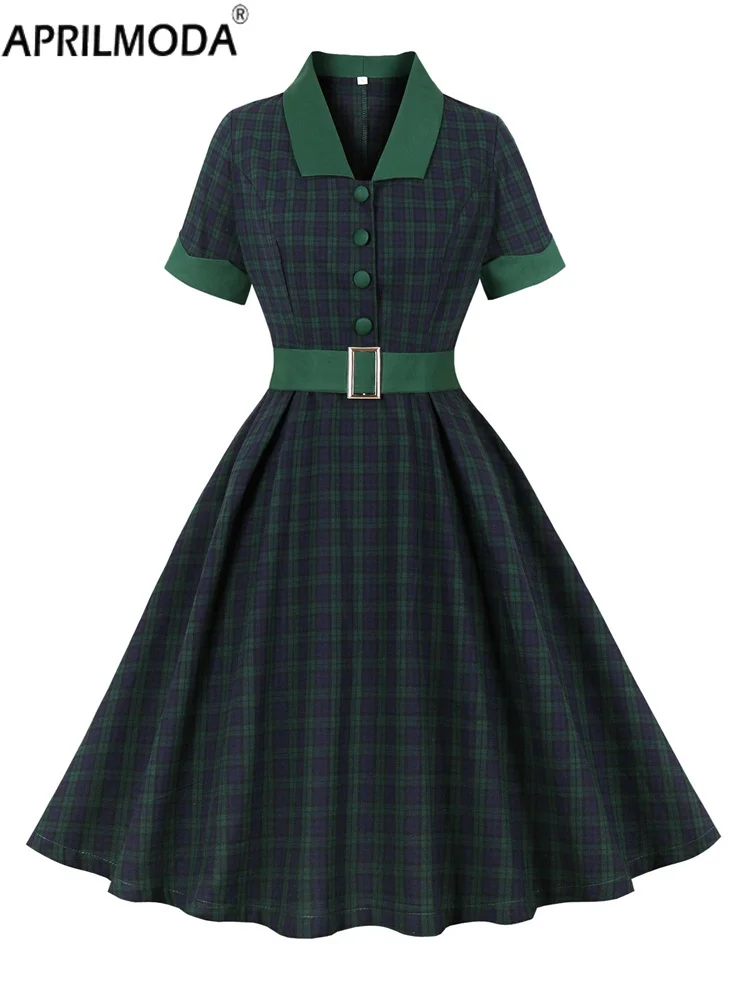 그린 체크 무늬 프린트 50년대 60년대 빈티지 여성용 빅 스윙 드레스 코튼 싱글 브레스티드 버튼 셔츠 쇼트 프롬 파티 드레스