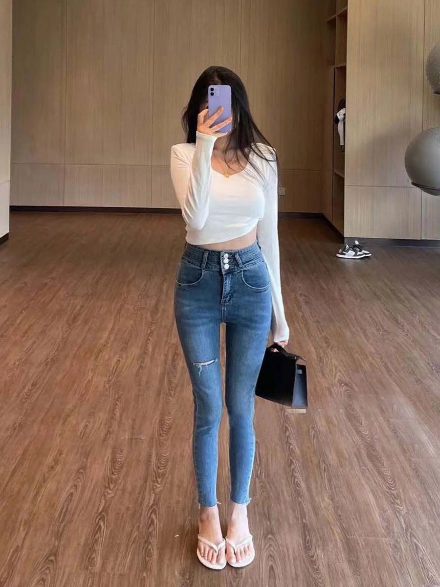 

High Waist Waed Blue Denim Skinny Jeans Women's Elastic Slimming Pencil Pants Design Sensation Korean Sle Spring Autumn