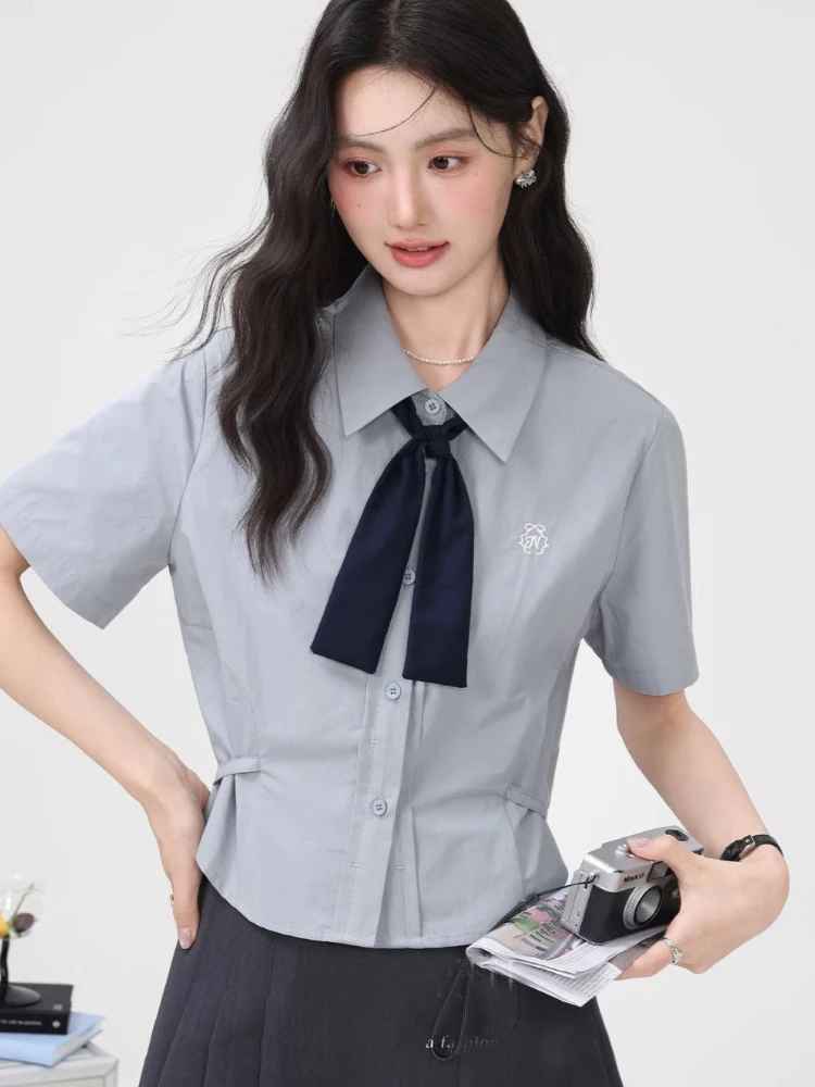 

Preppy Style Short Sleeve Shirts Bow Tie Turn Down Collar Slim Waist Crop Tops All Match Design Blouses 2025 New Women Clothing