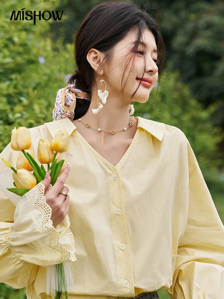 MISHOW 100 Cotton Light Yellow Shirt Spring 2024 Korean Polo V Neck Flare Sleeve Lace Stitching Cuffs Versatile Tops MXD12C0157