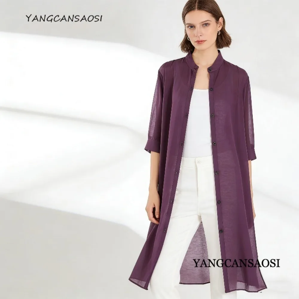 

Elegant Purple 100% Natural Mulberry Silk Georgette Jacket Beach Sunscreen Jacket Long Sleeved Flowing Shawl Cover Jacket