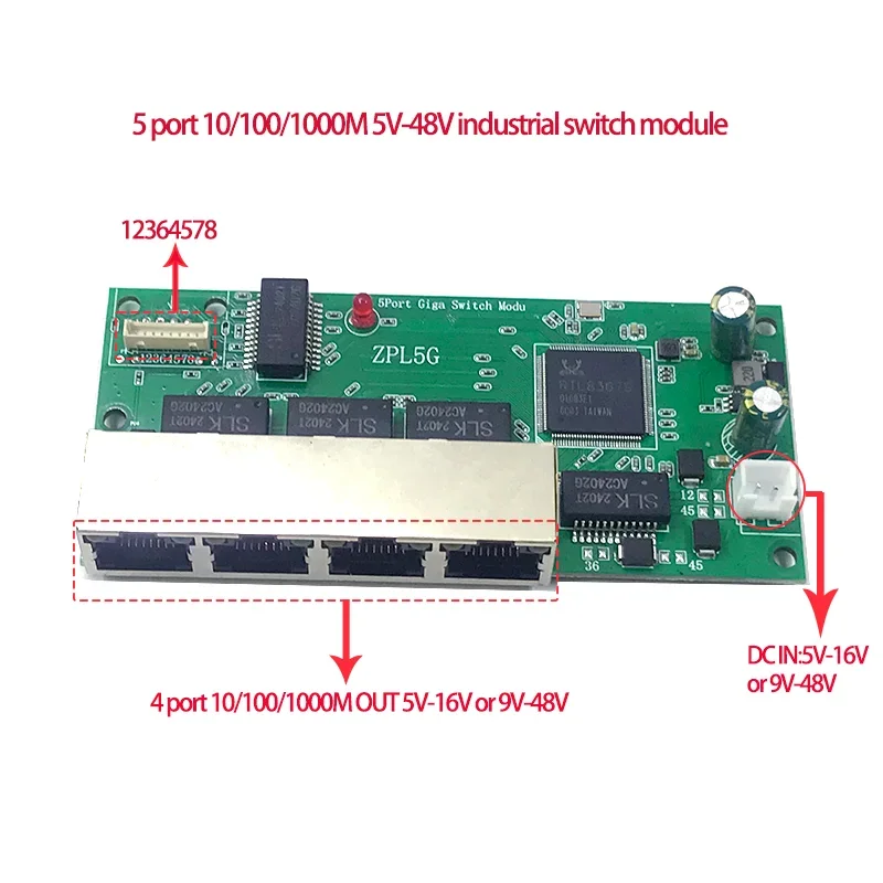 

5 ports10/100/1000M 5V-16V,9V-48V ethernet network indutrial switches module