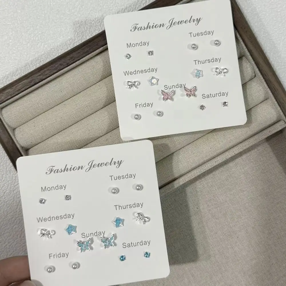 7PCS SET New Y2K Cute Butterfly Star Pearl Stud Earring For Women Exquisite Mini Earrings EMO Jewelry Gift Wholesale Direct Sale view 2