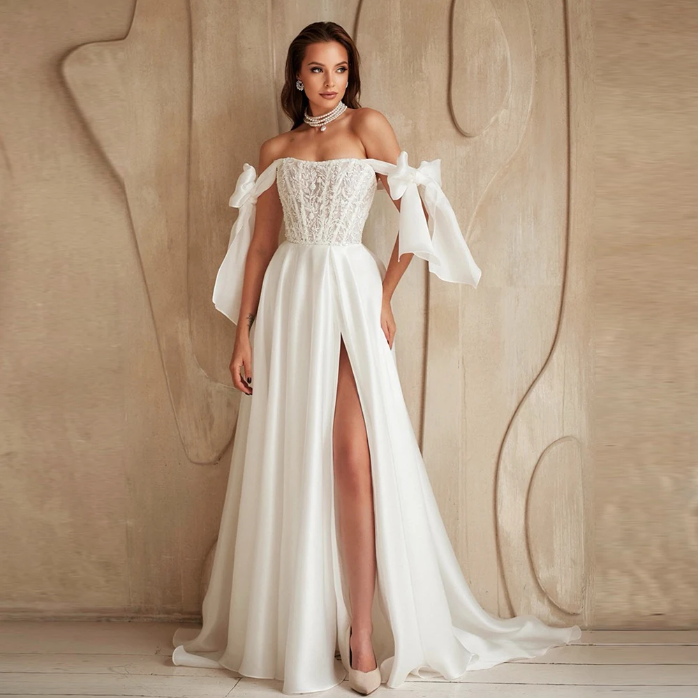 Bohemaid Boat Collar Satin High Quality Wedding Dress Bow A-line Backless Split Modern Bridal Dress with Train Custom Made