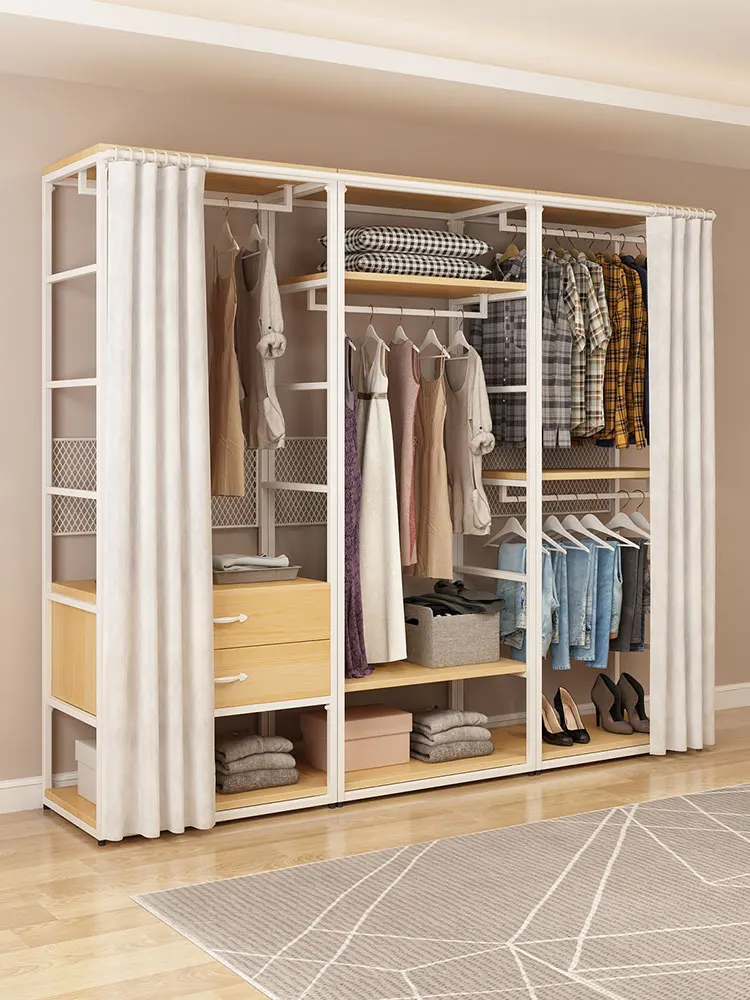 

Металлическая гардеробная Вешалка для хранения из кованого железа из массива дерева Открытый шкаф Спальня от пола до потолка с занавеской