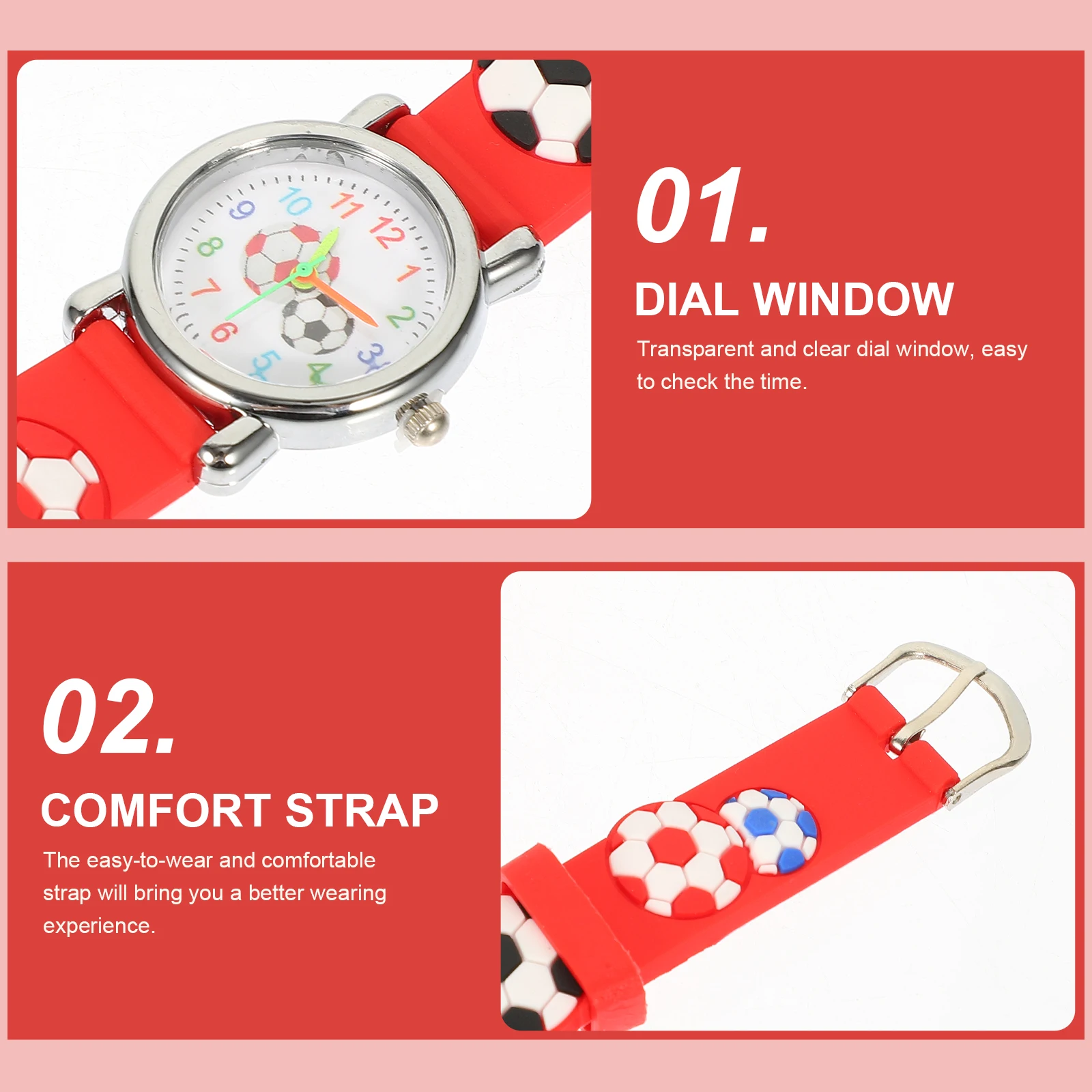 

Soccer Ball Kids Watch Durable Cartoon Design for Boys Girls Child Toddler Red Stainless Steel Plastic Water Proof Gift