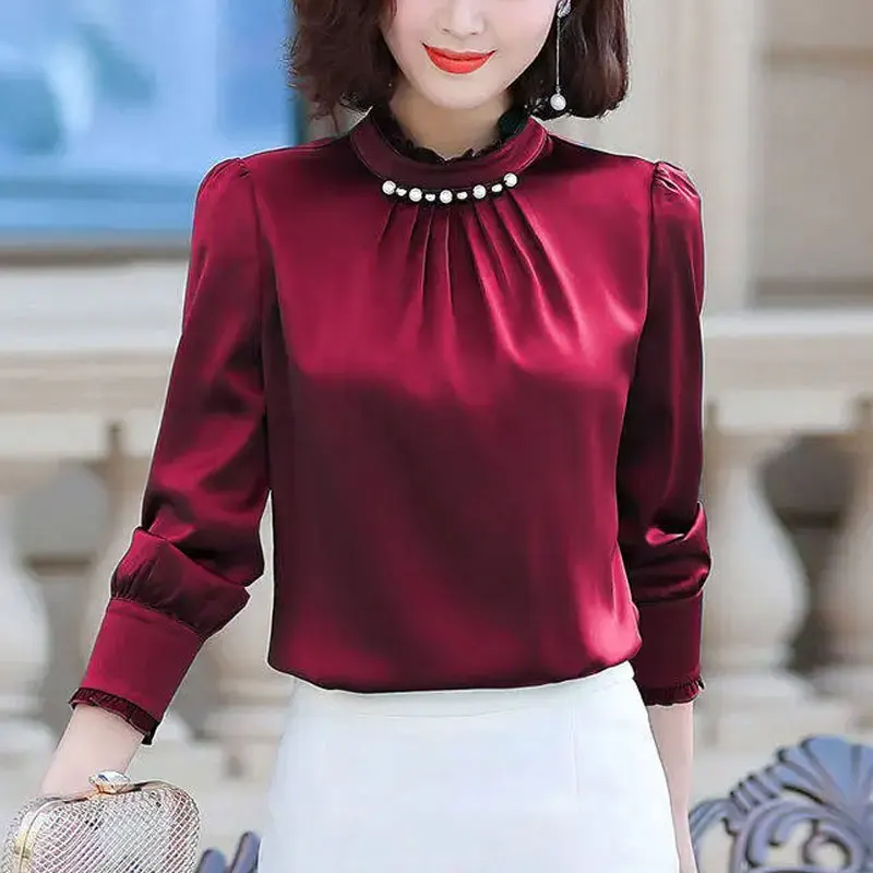 Korean Stand Collar Folds Beading Solid Color Chiffon Shirt Oversized Ruffles Temperament Office Lady Long Sleeve Blouse Women