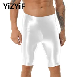 Bañador brillante para hombre, mallas cortas con cintura elástica, pantalones cortos ajustados, lisos y brillantes, para deporte, Fitness, gimnasio, natación y camión