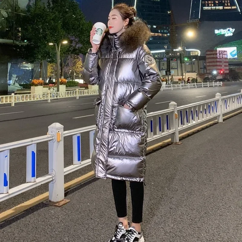 New Women Down Cotton Coat Winter Jacket Female Bright Face Knee Length Parkas Hooded Outwear Thicken Fur Collar Overcoat