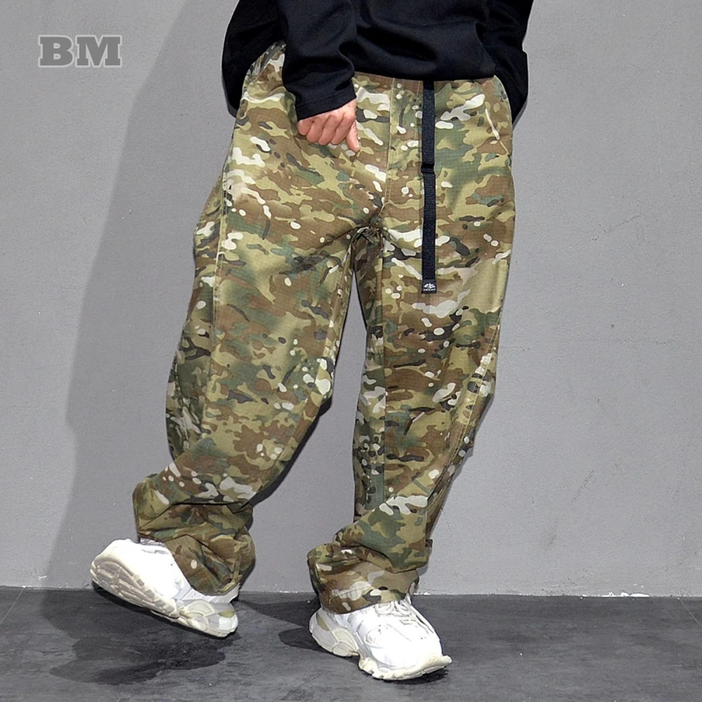 Urban Camo Cargo Pants Men Hiphop Streetwear Loose Fit Adjustable Waistband Cotton Oversized2025 Youth Trendy Tactical Style