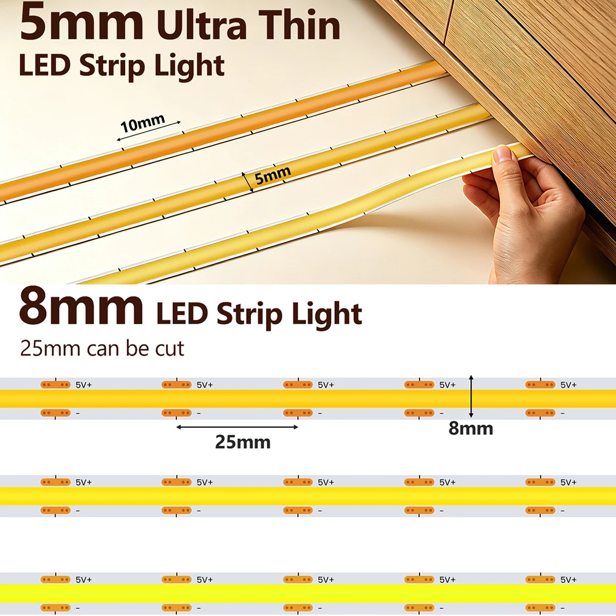 5V COB LED Strip Light 5mm/8mm PCB With 3AA Battery Box 320LEDs White Warm Red Blue Flex Bright Home Cabinet TV Background Decor view 4