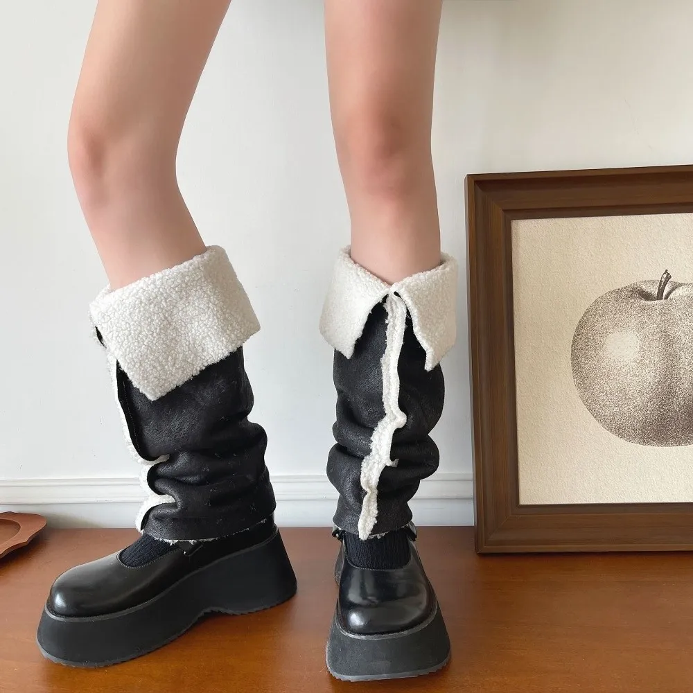 

JK Thickened Suede Leg Warmers Mid-calf Turn-down Collar Design Foot Cover Wind Protection Warm Boots Cover Streetwear