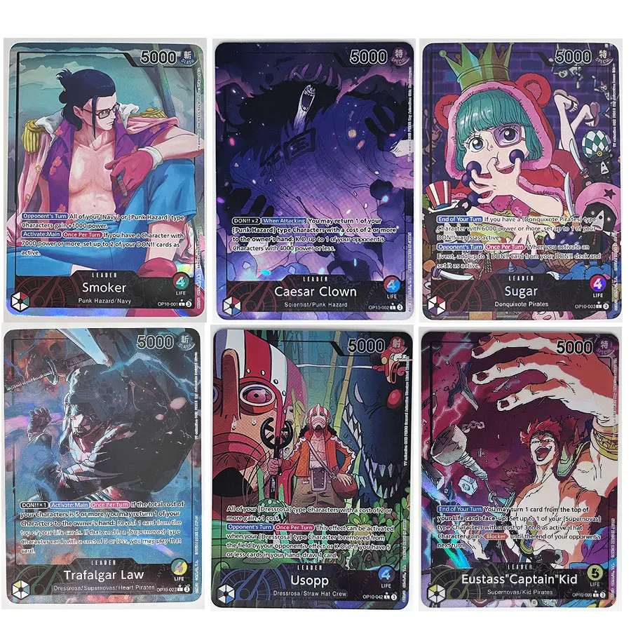 One Piece TCG OP10 Leader Cards Eustass Captain Kid Smoker Caesar Clown Sugar Trafalgar Law Usopp Anime Trading Cards Proxy