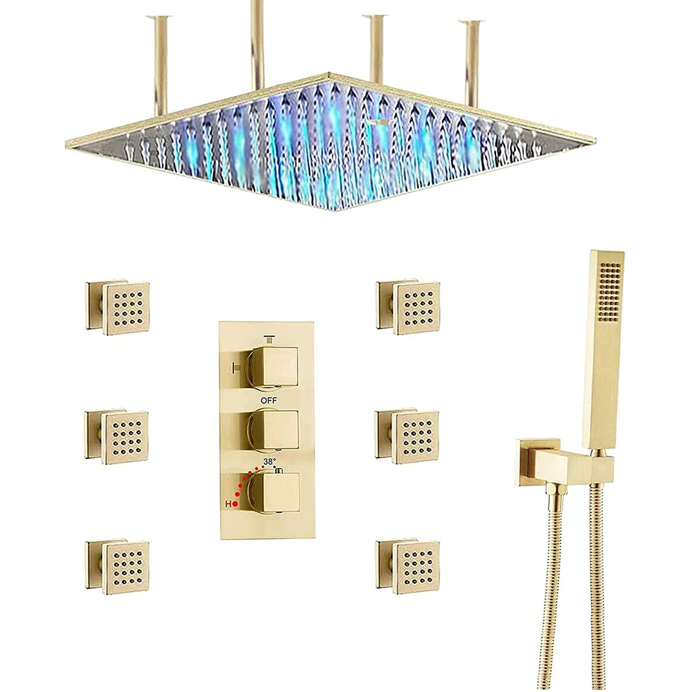 Bushed Gold Black Thermostatic LED Rain Waterfall 20 Inch Shower Head Recessed Ceiling Mounted Bathroom System Set