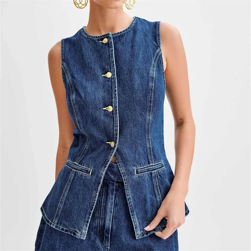 Women\'s Y2K Clothes Denim Long Vest Sleeveless Shirt Button Down Tank Top Back Slit Jean Waistcoat