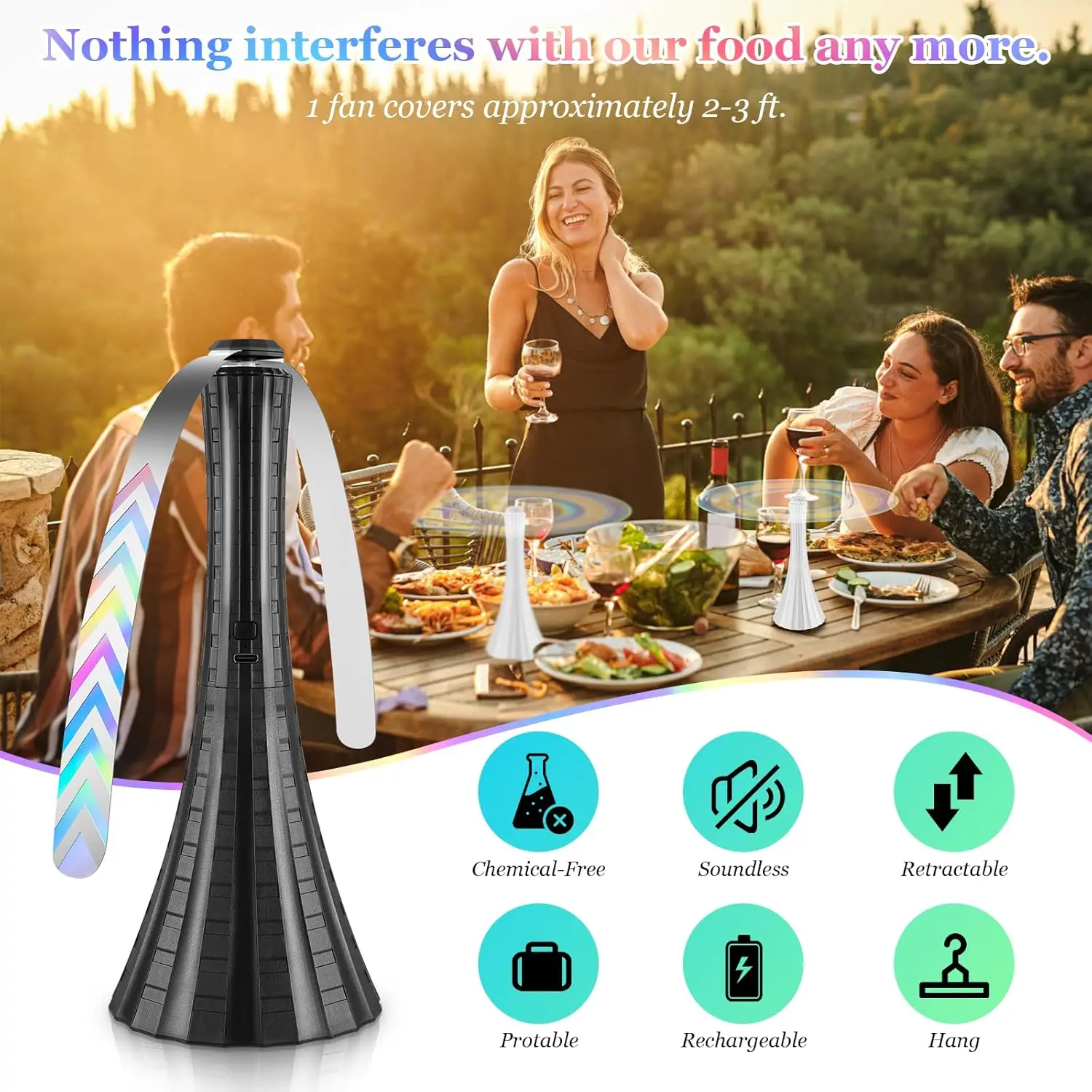 Fly Fans for Tables Soft Blade 4 Pack Rechargeable, 2000mAh, Fly Repellent, Picnic Use All Season Black