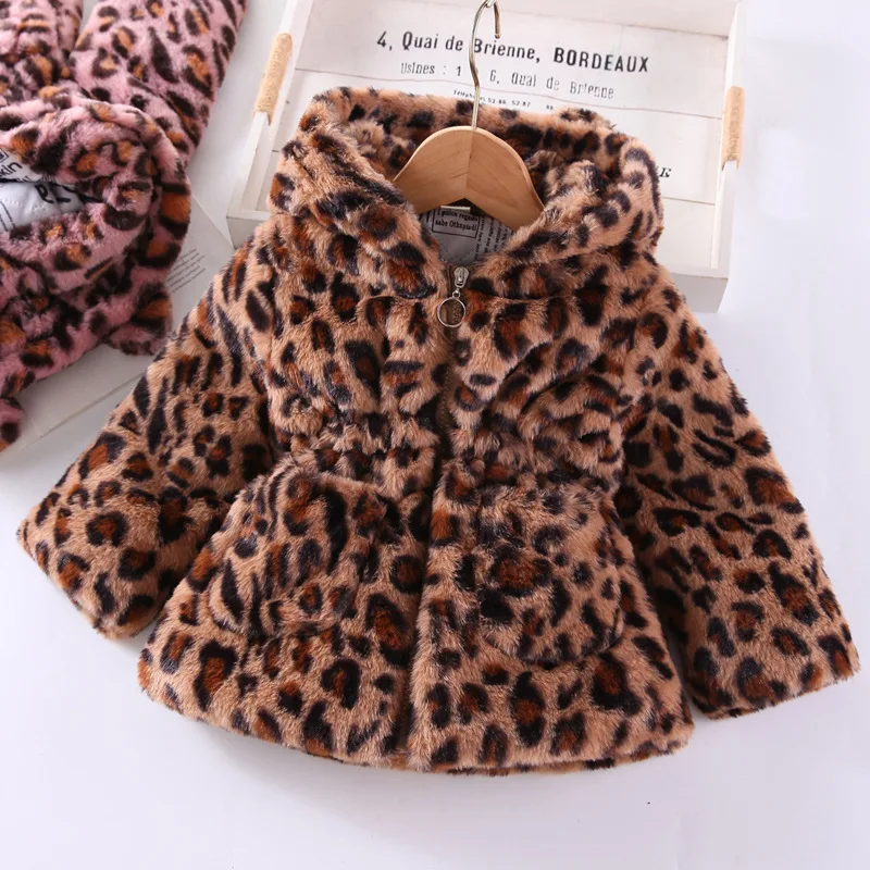 Autunno inverno peluche neonate giacca moda stampa leopardo caldo cappotto di pelliccia sintetica per ragazze capispalla con cappuccio 2-8 anni