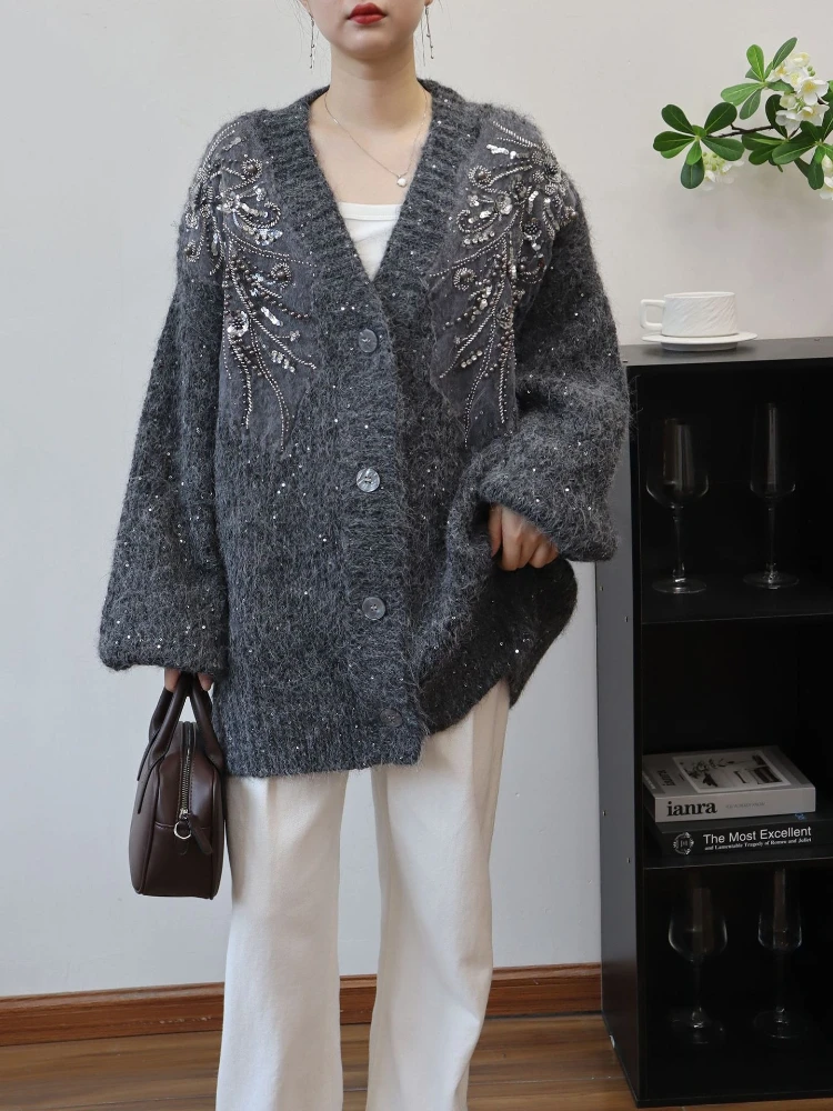 Autumn Jacket Elegant V-Neck 3D Beaded Flower Design Sweater Women's Loose Long-Sleeved Knitted Cardigan Mid-Length Female Tops