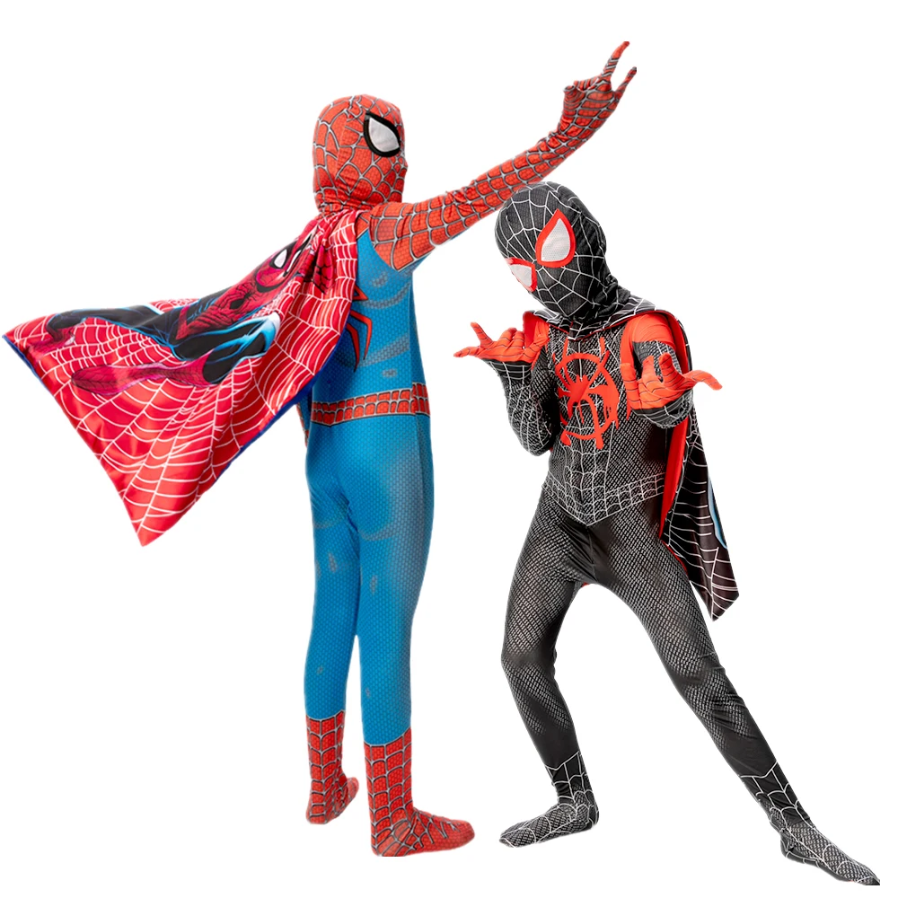 Kids Boys Spiderman Cosplay Costumes Bodysuit with Capes 3D Style Flexible Spider Man Battle Suits Christmas Birthday Gift