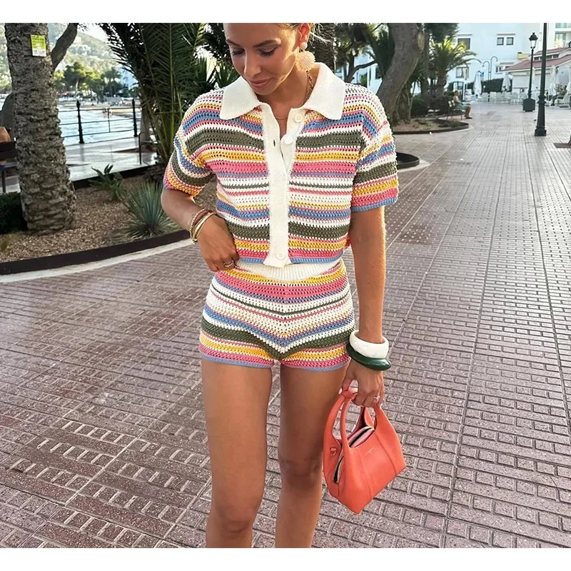 Spring Summer New Women's Hook Knitted  Shirt Neck Top Striped Hook Needle Shorts Polyester Fiber Short Sleeve Button Clo...