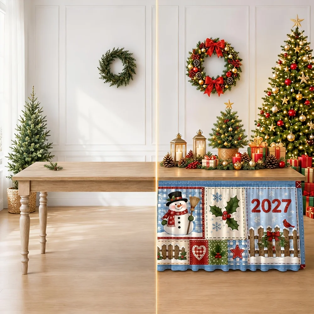 One table skirt. For Christmas 2027. Snowman, finch feathers, stars. Winter holiday decoration.